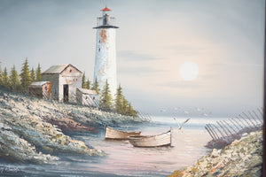 Lighthouse Landscape, Large Original Oil on Canvas, Signed - Shawn get dims