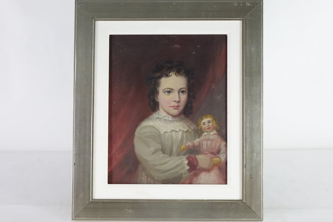 Boy with Doll Portrait, 19th Century Original Oil Painting on Canvas