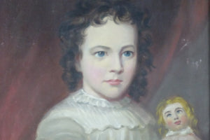 Boy with Doll Portrait, 19th Century Original Oil Painting on Canvas