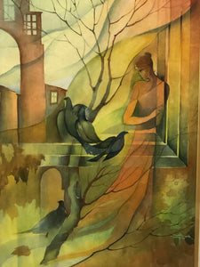 Woman and the Birds, Original Watercolor, Signed