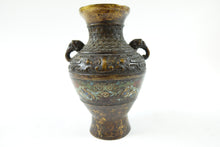 Load image into Gallery viewer, Antique Chinese Bronze Cloisonne Vase w/ elephant handles
