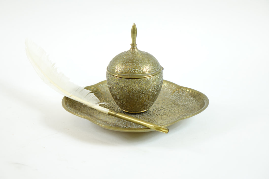 Brass Inkwell and Feather End