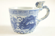 Load image into Gallery viewer, Antique Chinese chinoiserie blue white porcelain tea cup dragon motif signed cir
