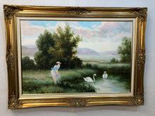 Load image into Gallery viewer, Lady Watching Swans Original Oil on Canvas Signed on the Bottom
