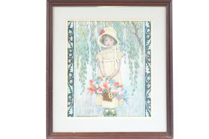 Child with Flower Basket Embroidery on Fabric Signed