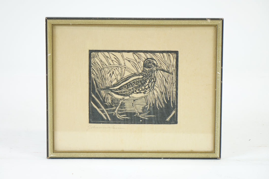 Bird in Reed Original Relief Print on Paper Signed