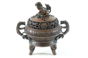 Beautiful Antique Chinese Bronze Tripod Urn with Foo Dog