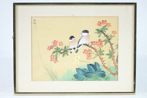Original Asian Bird & Floral Painting on Cloth, Signed