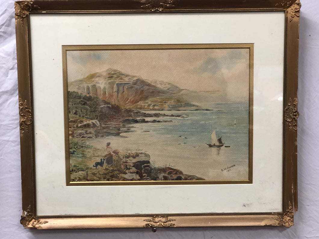 Landscape, Antique Original Watercolor, Signed