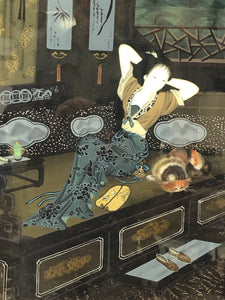 Antique Japanese Reverse Glass Painting of a Geisha, Original