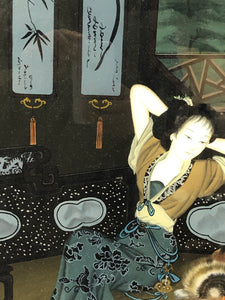 Antique Japanese Reverse Glass Painting of a Geisha, Original