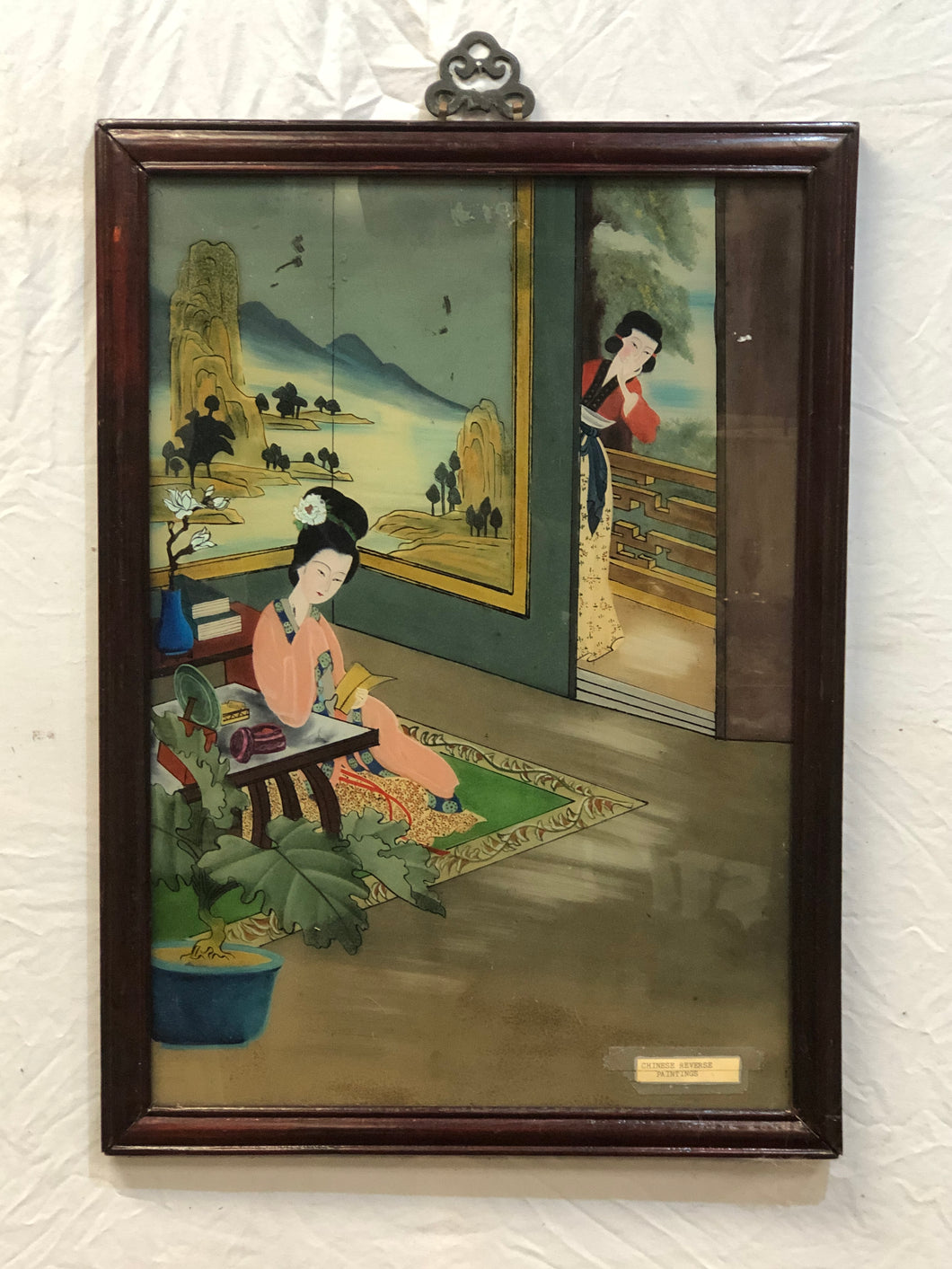 Antique Chinese Reverse Glass Painting of a Geisha, Original