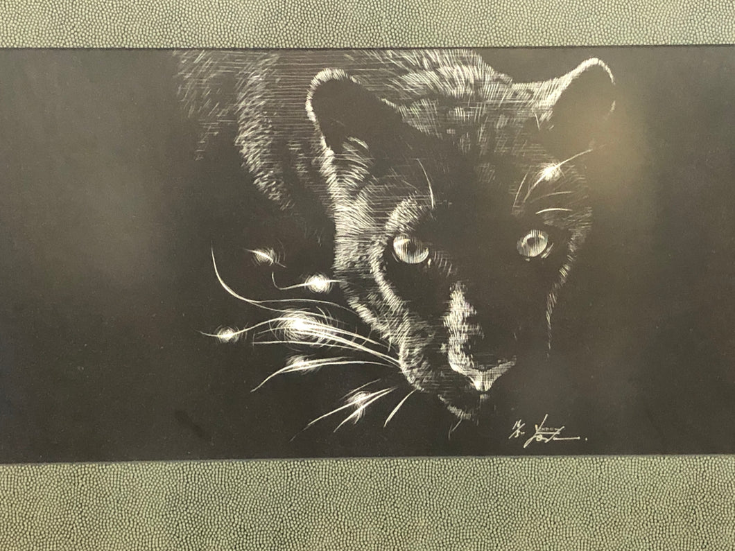 Beautiful Black Panther Engraving, Print - Original Signature of the Artist on t