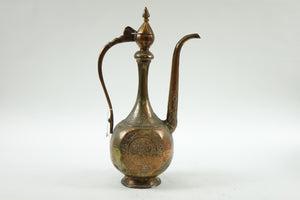 Antique Middle Eastern Copper Ewer with Carvings