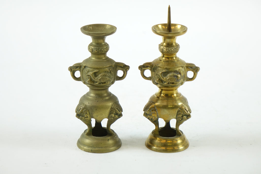 Two Chinese Brass Candle Holders