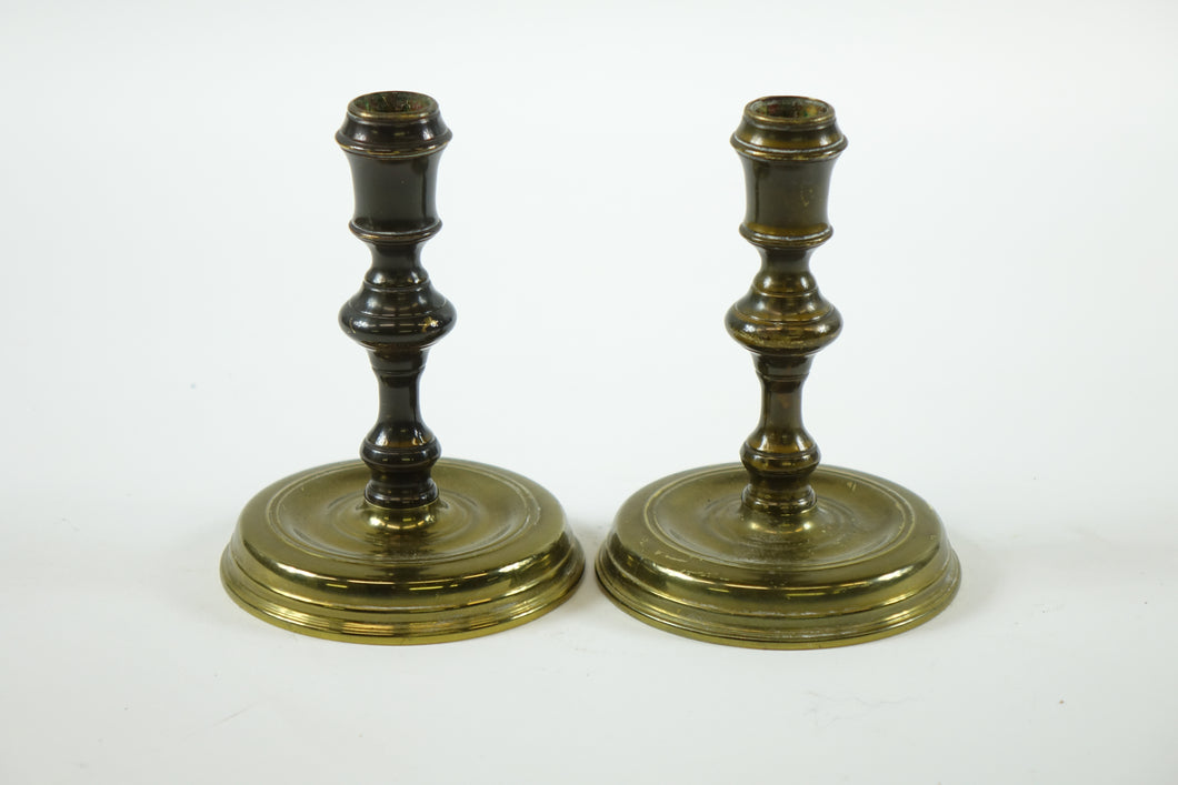 A Pair of Antique Solid Brass Candlesticks w/ Round Base - CW 16-20 Raleigh