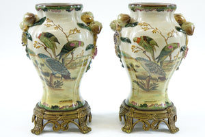 Pair of Vintage Chinese Hand Painted Decorative Vases with Metal Stands