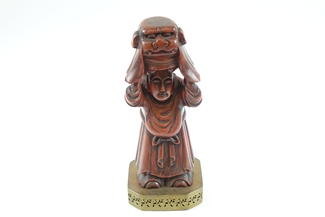 Antique Chinese Wood Carving of a Man on Brass Stand