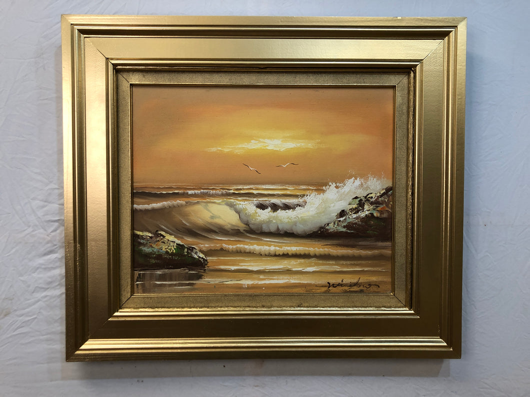 Sunset at the Ocean Oil on Canvas Signed at the Bottom