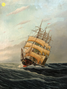 Ship at Sea Antique Oil on Canvas Signed on the Bottom