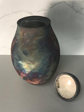 Load image into Gallery viewer, Hand Made Raku Vase In Silver Blues, Magenta &amp; Ambers,
