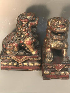 Pair of Parcel Gilt and Red Painted Foo Lion  Size,