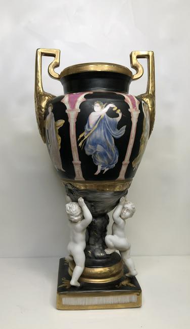 Neoclassical Black and Gold with Angel Motif Vase