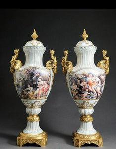 Pair Of Large European Porcelain with Gold Handles and