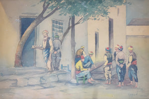 The Men in the Village Original Watercolor on Paper Signed