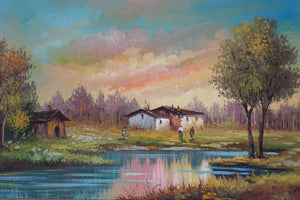 Village, Large Original Oil Paint on Canvas, Signed