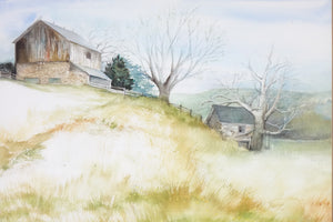 Landscape of a Farm, Original Watercolor on Paper, Signed Clarissa Johnson
