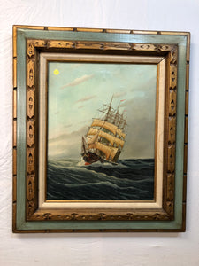 Ship at Sea Antique Oil on Canvas Signed on the Bottom