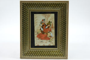 Persian Khatam frame inlaid with Artwork, Paint on Faux Ivory, Signed Original