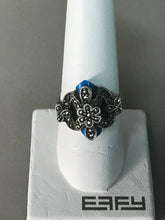 Load image into Gallery viewer, Vintage Sterling Silver Patterned Ring Blue Stone Ring  Size,  8.25
