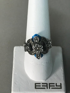 Vintage Sterling Silver Patterned Ring Blue Stone Ring  Size,  8.25