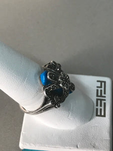 Vintage Sterling Silver Patterned Ring Blue Stone Ring
