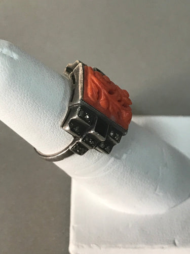 Vintage Sterling Silver and Coral Ring Made in Germany  Size,  5.75