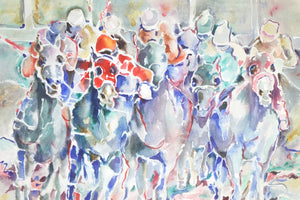 Horse Jockeys, Original Loes Verspoor Watercolor Painting, Signed