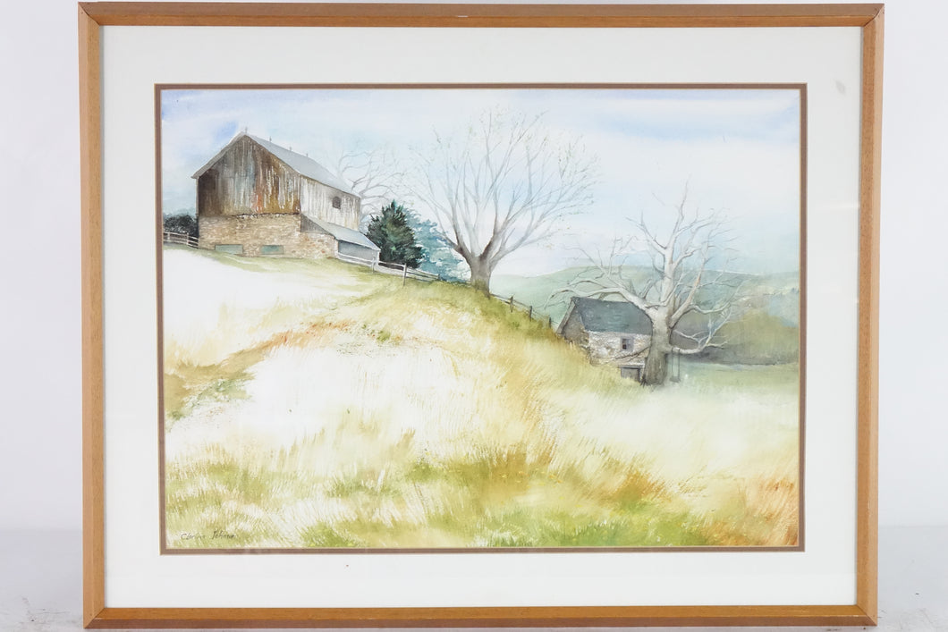 Landscape of a Farm, Original Watercolor on Paper, Signed Clarissa Johnson