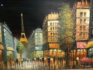 Paris at Night Oil on Canvas Signed on the Bottom