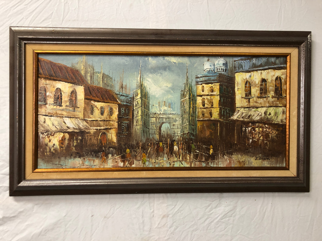 European City Oil on the Canvas Signed at the Bottom