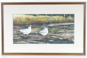 Landscape with Birds, Original Watercolor on Paper, Signed