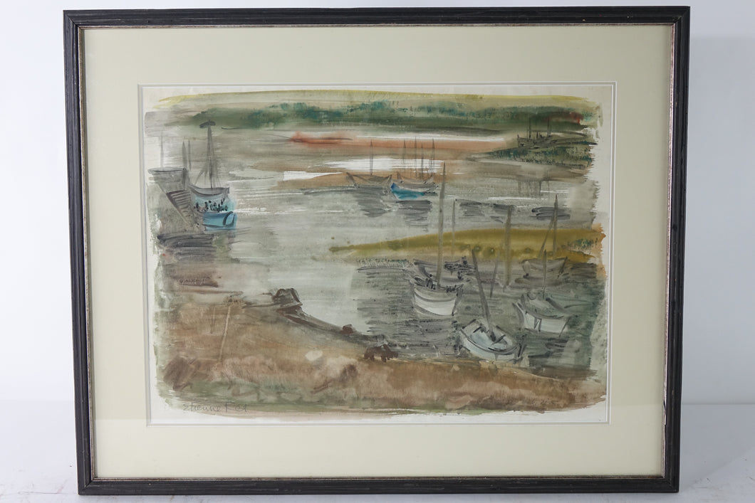 Boats at the Dock Watercolor on Paper Signed Original