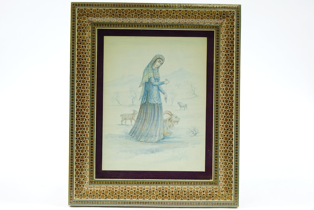 Woman with Goats Persian Khatam frame with inlaid painting Signed Original