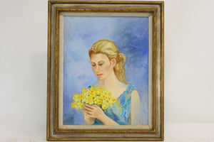 Vintage Oil on Canvas Lady with Flowers 1976 Signed