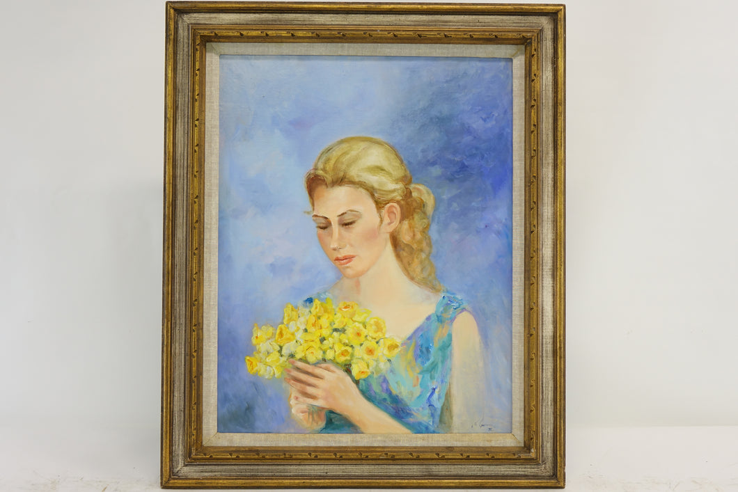Vintage Oil on Canvas Lady with Flowers 1976 Signed